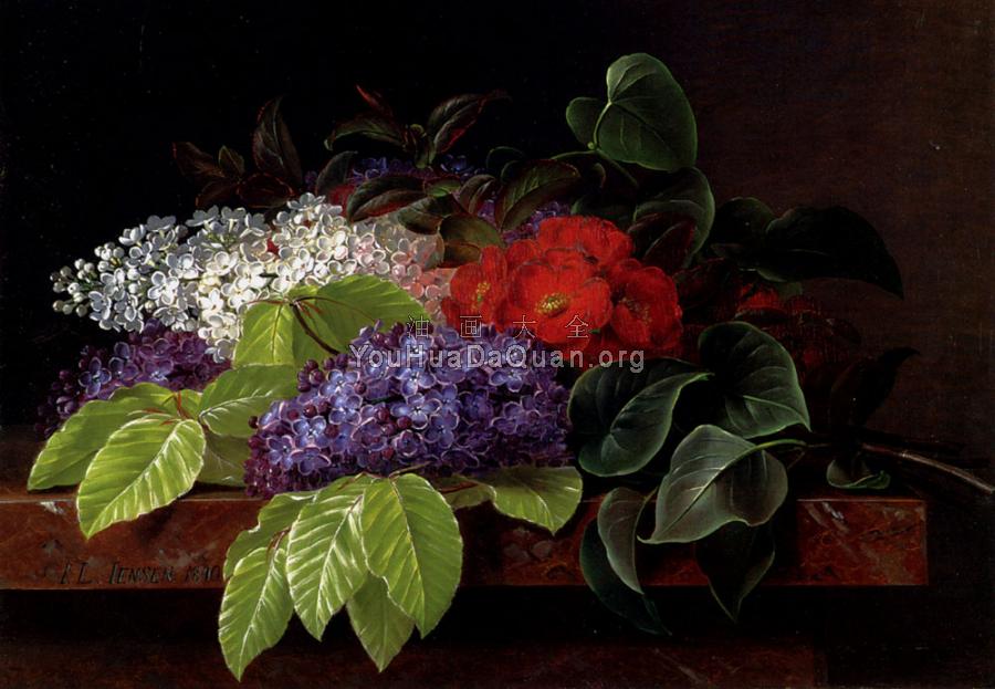 White And Purple Lilacs Camellia And Beech Leaves On A Marble Ledge - 约翰·劳伦茨·延森